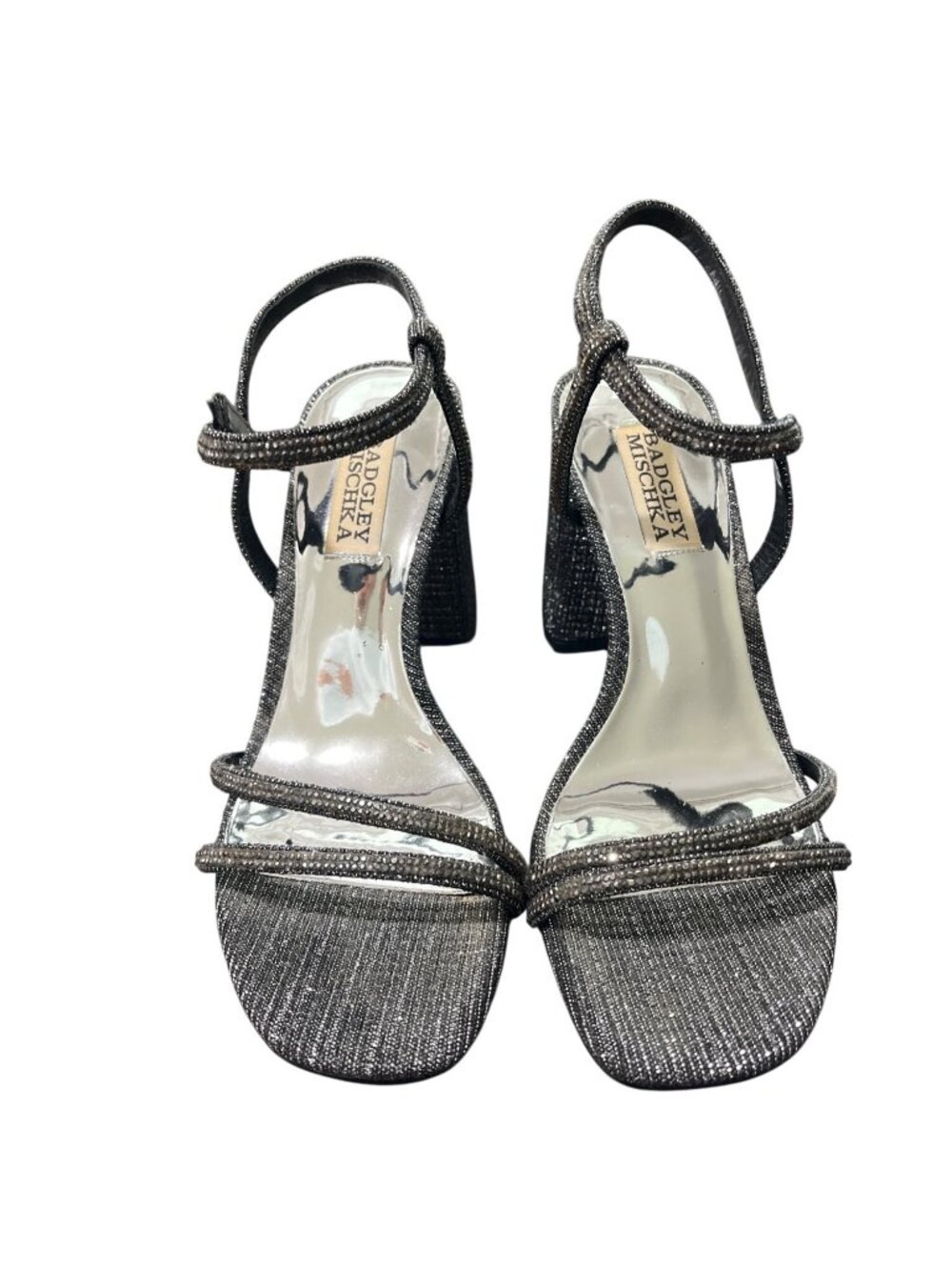 Badgley Mischka Womens 5.5 Rebekah Block Heel Sandal Crystal Black Sliver - Picture 5 of 10
